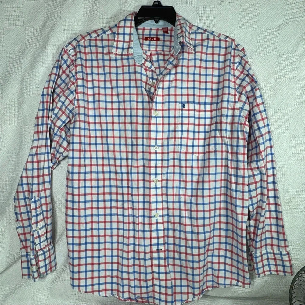 Izod Men’s Relaxed Button Up Shirt Newport Oxford Red & Blue‎ Checked Size Large